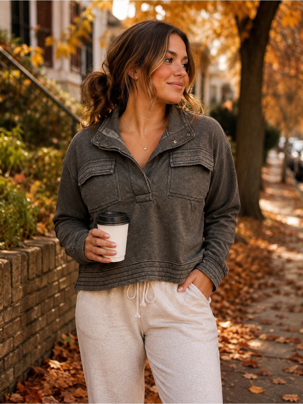 Zenana Snap Neck Acid Wash Pull Over - Ash Black
